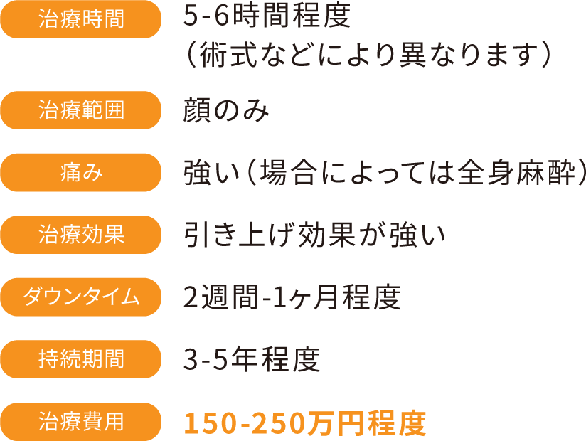 治療時間:5-6時間程度(術式などにより異なります) 治療範囲:顔のみ 痛み:強い(場合によっては全身麻酔) 治療効果:引き上げ効果が強い ダウンタイム:2週間-1ヶ月程度 持続期間:3-5年程度 治療費用:150-250万円程度