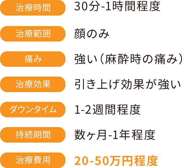 治療時間:30分-1時間程度 治療範囲:顔のみ 痛み:強い(麻酔時の痛み) 治療効果:引き上げ効果が強い ダウンタイム:1-2週間程度 持続期間:数ヶ月-1年程度 治療費用:20-50万円程度