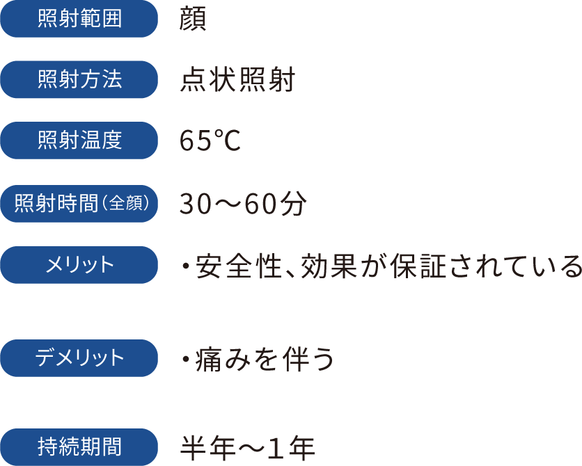 照射範囲:顔 照射方法:点状照射 照射温度:65℃ 照射時間(全顔):30~60分 メリット:・安全性、効果が保証されている デメリット:・痛みを伴う 持続期間:半年~1年