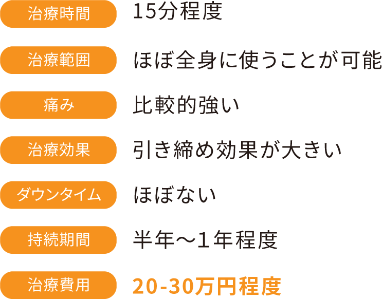 治療時間:15分程度 治療範囲:ほぼ全身に使うことが可能 痛み:比較的強い 治療効果:引き締め効果が大きい ダウンタイム:ほぼない 持続期間:半年〜1年程度 治療費用:20-30万円程度