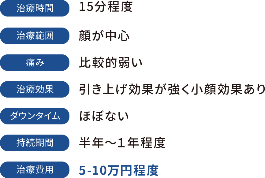 治療時間:15分程度 治療範囲:顔が中心 痛み:比較的弱い 治療効果:引き上げ効果が強く小顔効果あり ダウンタイム:ほぼない 持続期間:半年〜1年程度 治療費用:5-10万円程度