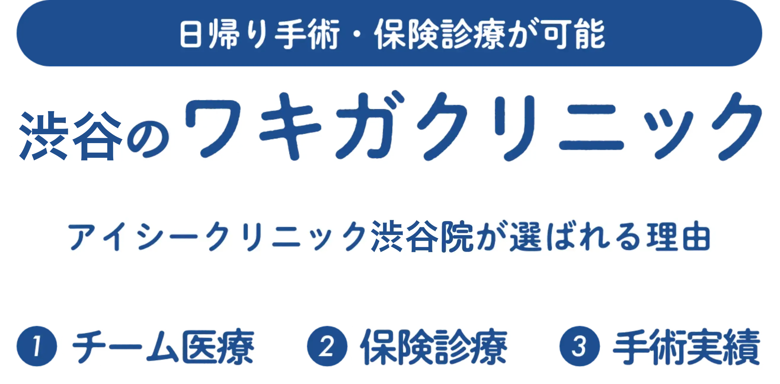 日帰り手術・保険診療が可能　渋谷のワキガクリニック　アイシークリニック渋谷院が選ばれる理由　①チーム医療　②保険診療　③手術実績